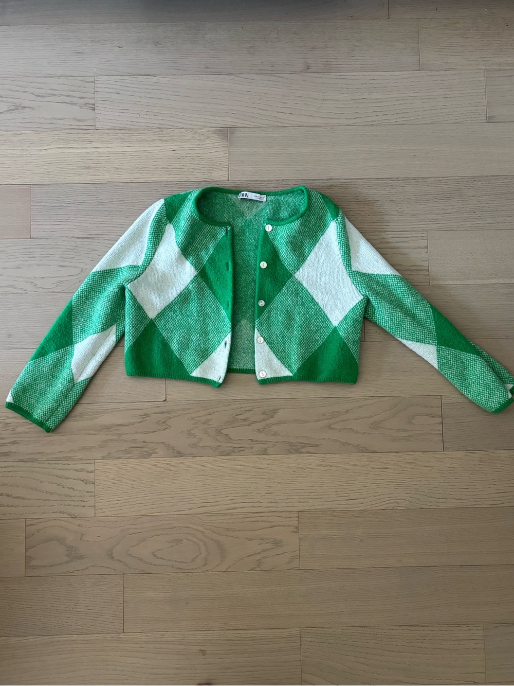 Zara Green and White Argyle Cropped Cardigan